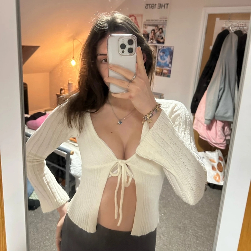 ASOS Knitted top Cream Tie-Front Knit Cardigan